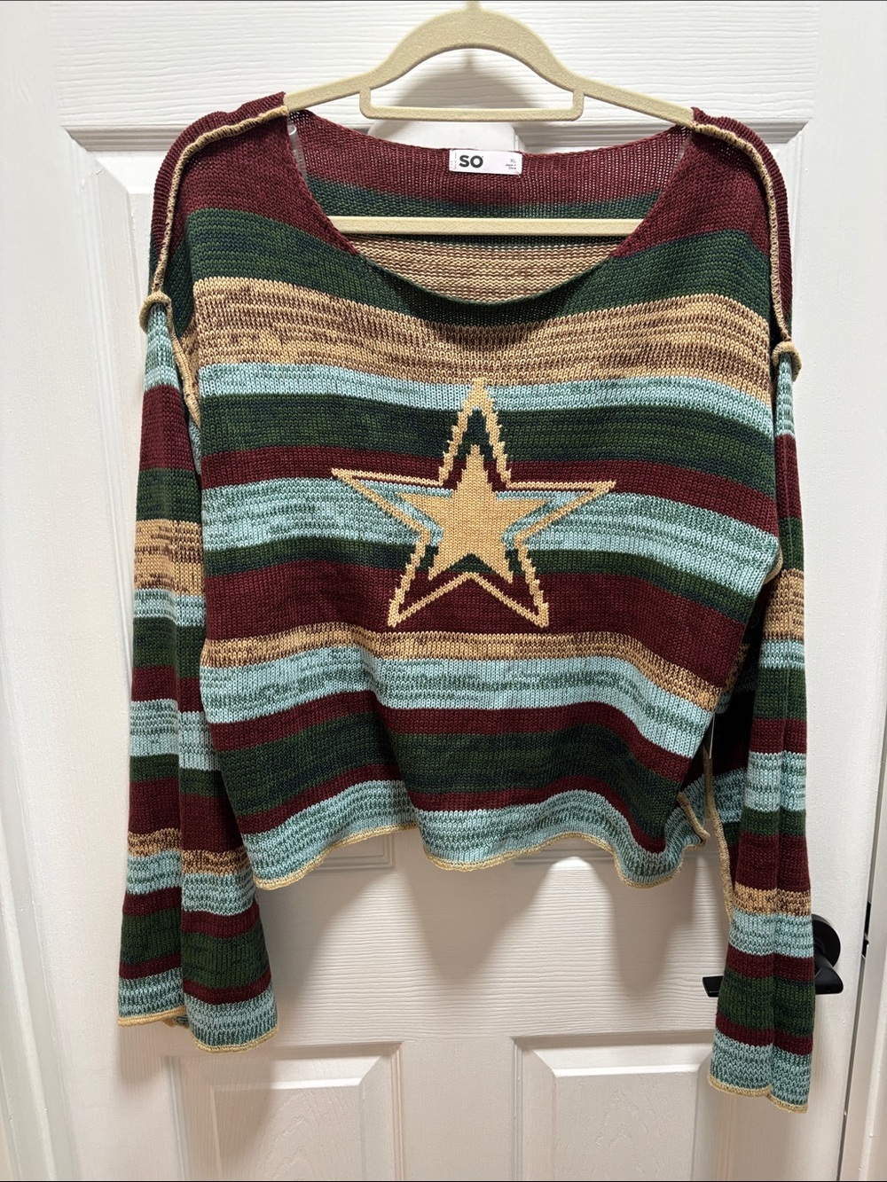 SO Striped Star Pullover Sweater - Burgundy, Green, Light Blue, Tan